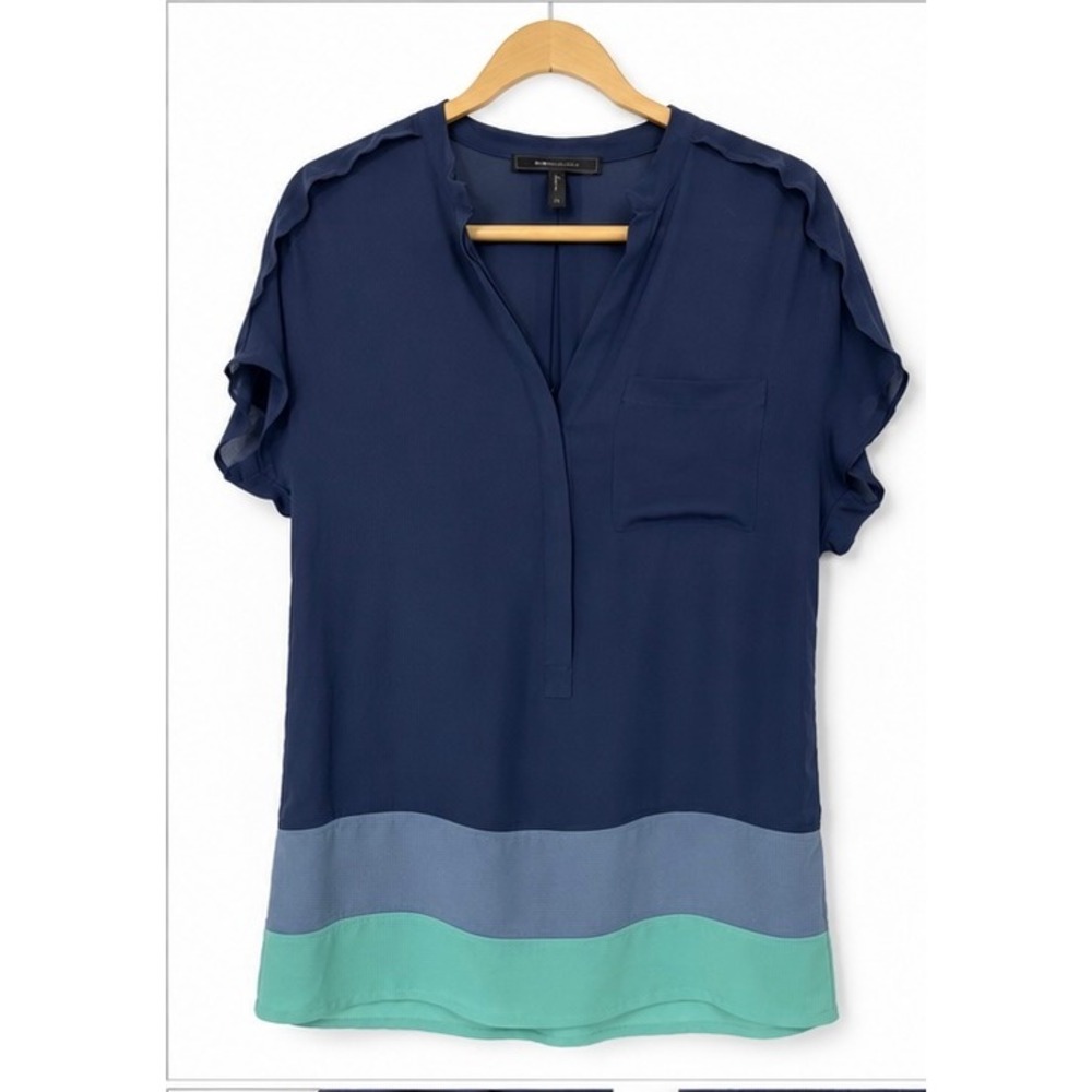 BCBGMAXAZRIA Navy Blue Colorblock Short Sleeve V-Neck Shirt Dress XS
